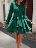Momentlover Tied Waist Solid Color Ruffled Puff Sleeves Loose V-Neck Mini Dresses