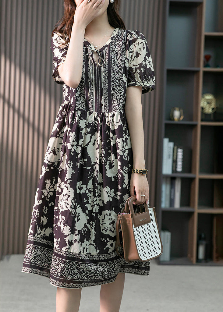 Momentlover Purple Neck Tie Silk Long Dresses Short Sleeve LY1749