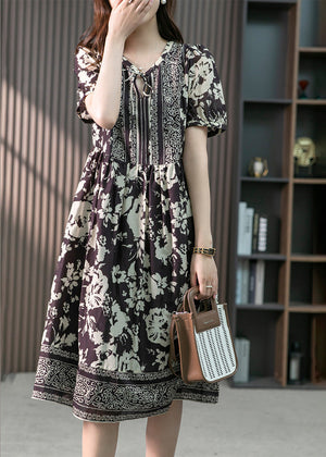 Momentlover Purple Neck Tie Silk Long Dresses Short Sleeve LY1749