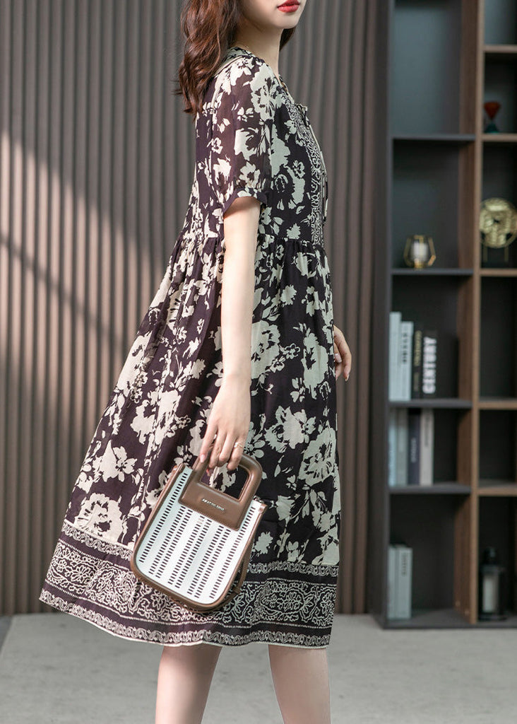 Momentlover Purple Neck Tie Silk Long Dresses Short Sleeve LY1749