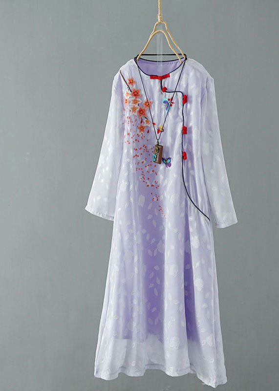 Momentlover Purple Patchwork Chiffon Dresses Embroideried Chinese Button Spring LY1721