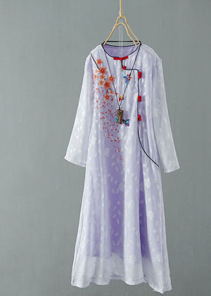 Momentlover Purple Patchwork Chiffon Dresses Embroideried Chinese Button Spring LY1721