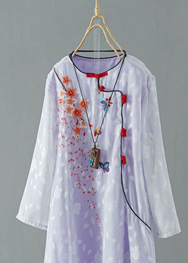 Momentlover Purple Patchwork Chiffon Dresses Embroideried Chinese Button Spring LY1721