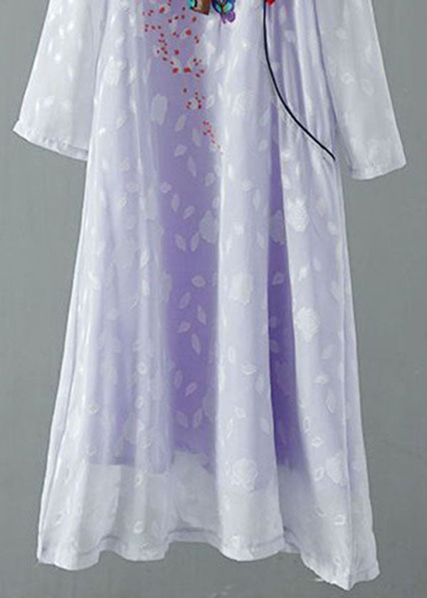 Momentlover Purple Patchwork Chiffon Dresses Embroideried Chinese Button Spring LY1721