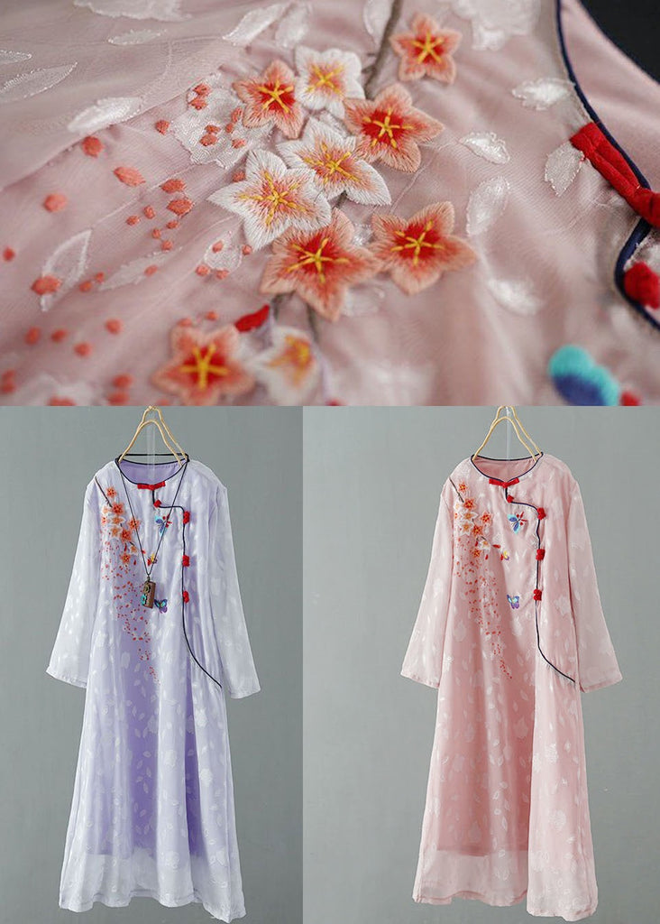 Momentlover Purple Patchwork Chiffon Dresses Embroideried Chinese Button Spring LY1721