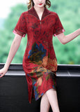 Momentlover Red Chinese Style Silk Long Dresses Print Side Open Summer LY1696