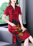Momentlover Red Chinese Style Silk Long Dresses Print Side Open Summer LY1696