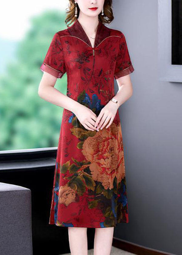 Momentlover Red Chinese Style Silk Long Dresses Print Side Open Summer LY1696