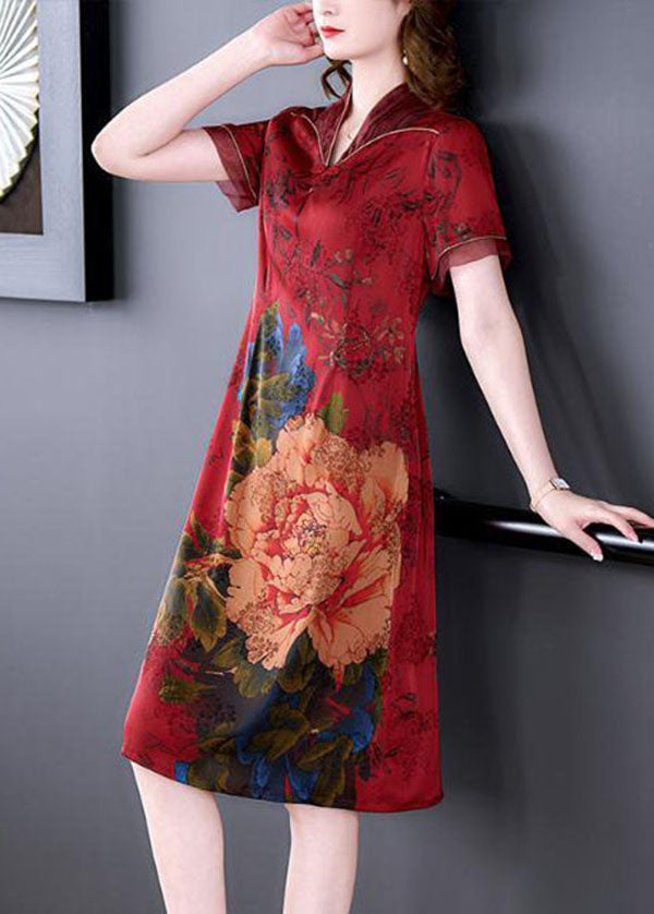Momentlover Red Chinese Style Silk Long Dresses Print Side Open Summer LY1696