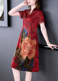 Momentlover Red Chinese Style Silk Long Dresses Print Side Open Summer LY1696