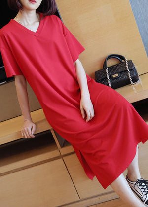 Momentlover Red Cotton Straight Dresses V Neck Side Open Summer LY1467