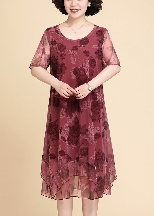 Momentlover Red O-Neck Asymmetrical Long Dresses Short Sleeve LY1711