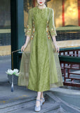 Momentlover Retro Green Stand Collar Embroideried Patchwork Silk Dresses Spring LY1679