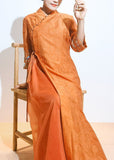 Momentlover Retro Orange Embroideried Lace Up Patchwork Silk Dresses Summer LY1727