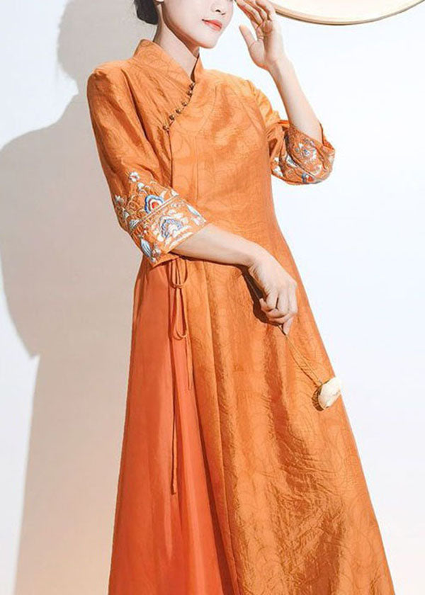 Momentlover Retro Orange Embroideried Lace Up Patchwork Silk Dresses Summer LY1727