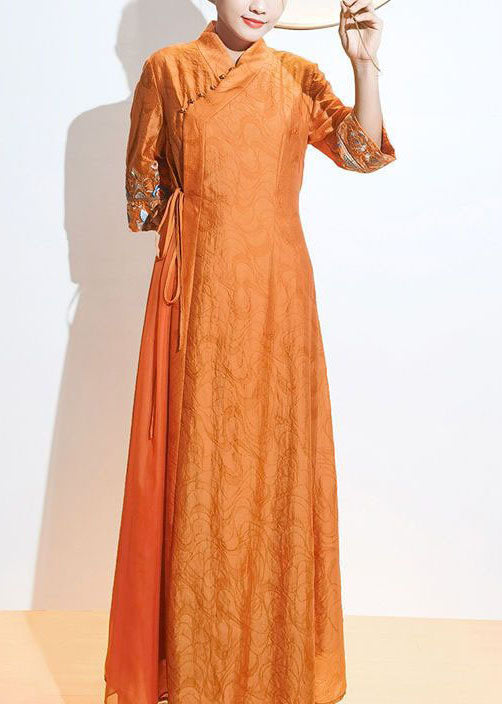 Momentlover Retro Orange Embroideried Lace Up Patchwork Silk Dresses Summer LY1727