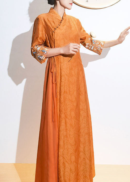 Momentlover Retro Orange Embroideried Lace Up Patchwork Silk Dresses Summer LY1727