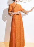Momentlover Retro Orange Embroideried Lace Up Patchwork Silk Dresses Summer LY1727