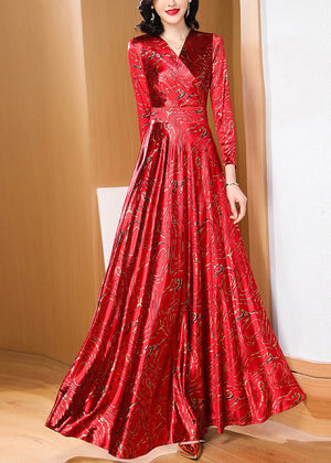 Momentlover Retro Red Print Slim Fit Satin Long Dresses Spring LY1775