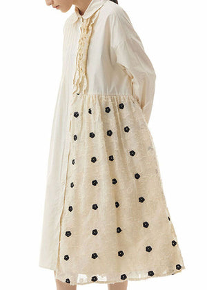 Momentlover Simple Apricot Embroideried Patchwork Cotton Shirts Dresses Spring LY1149
