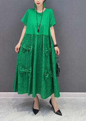 Momentlover Simple Green O-Neck Patchwork Jacquard Cotton Long Dresses Summer LY1572