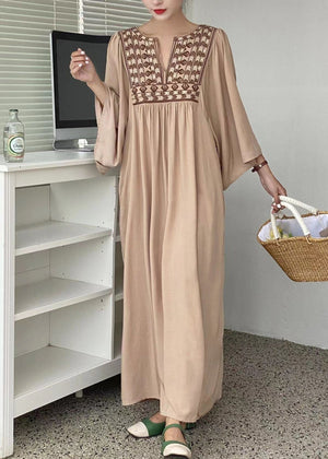 Momentlover Simple Khaki Embroideried Oversized Cotton Vacation Dresses Batwing Sleeve LY1759
