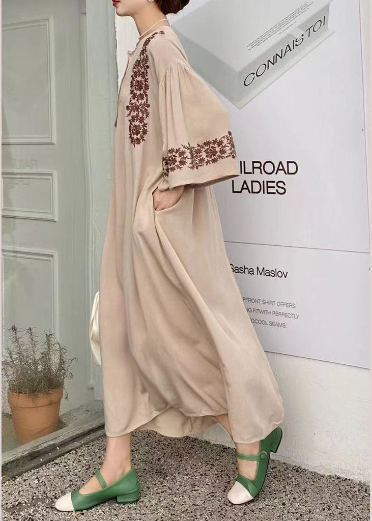 Momentlover Simple Khaki Embroideried Oversized Cotton Vacation Dresses Batwing Sleeve LY1759