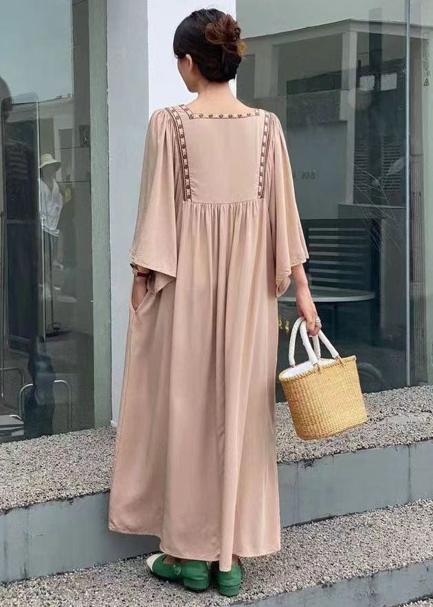 Momentlover Simple Khaki Embroideried Oversized Cotton Vacation Dresses Batwing Sleeve LY1759