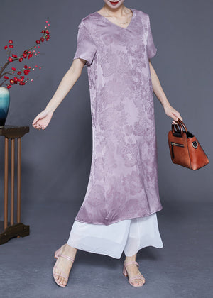Momentlover Simple Light Purple V Neck Jacquard Silk Vacation Dresses Summer LY1919