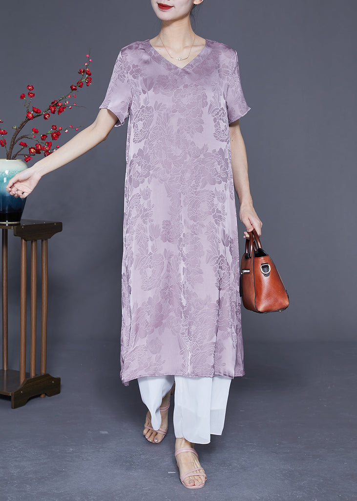Momentlover Simple Light Purple V Neck Jacquard Silk Vacation Dresses Summer LY1919