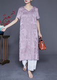 Momentlover Simple Light Purple V Neck Jacquard Silk Vacation Dresses Summer LY1919