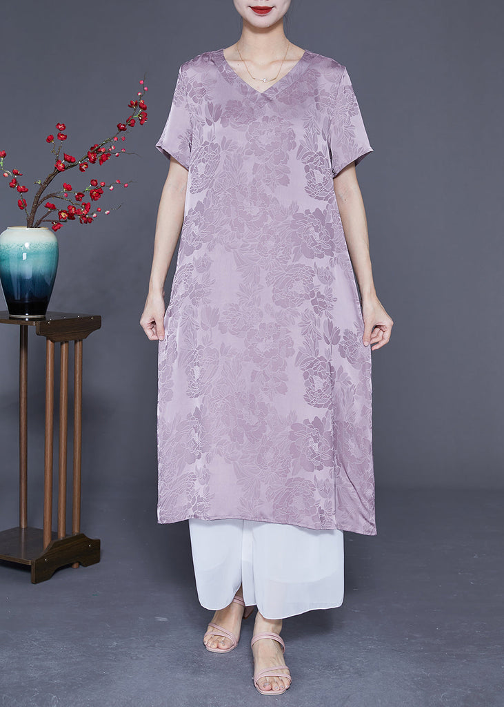 Momentlover Simple Light Purple V Neck Jacquard Silk Vacation Dresses Summer LY1919