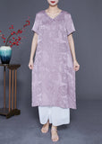 Momentlover Simple Light Purple V Neck Jacquard Silk Vacation Dresses Summer LY1919