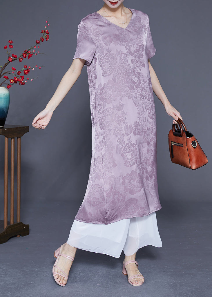 Momentlover Simple Light Purple V Neck Jacquard Silk Vacation Dresses Summer LY1919