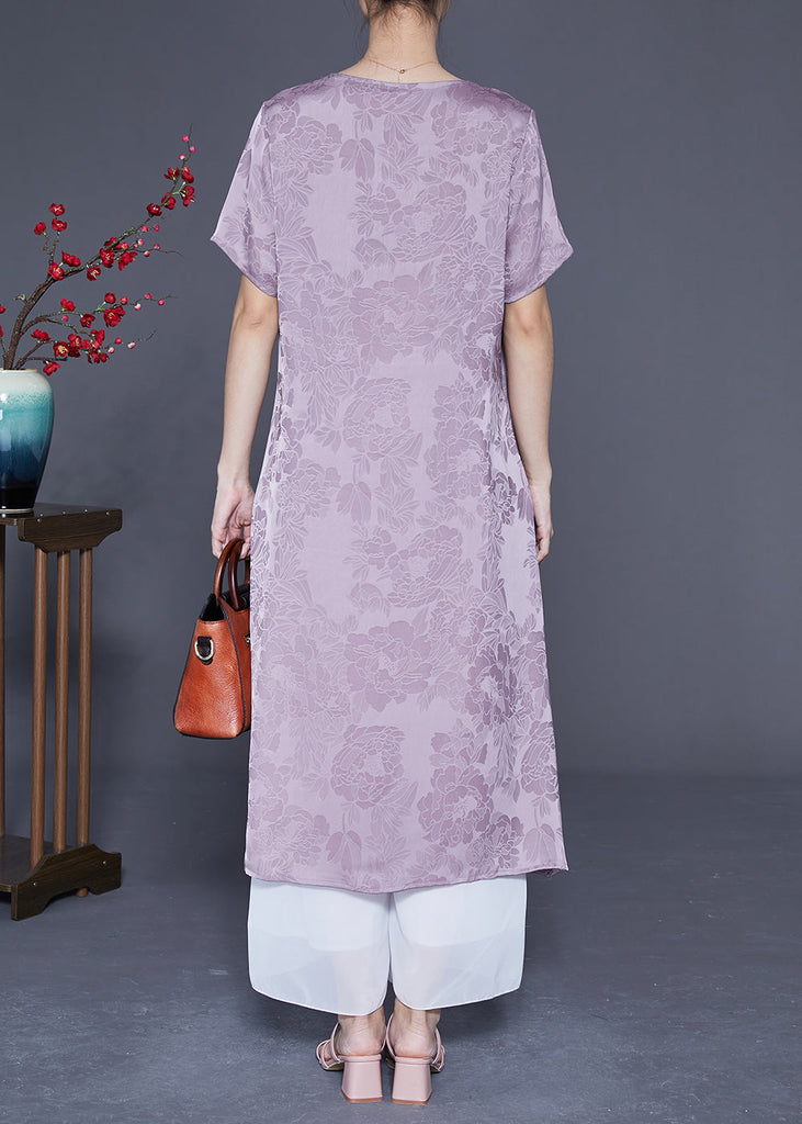 Momentlover Simple Light Purple V Neck Jacquard Silk Vacation Dresses Summer LY1919