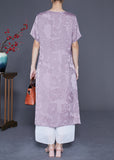 Momentlover Simple Light Purple V Neck Jacquard Silk Vacation Dresses Summer LY1919