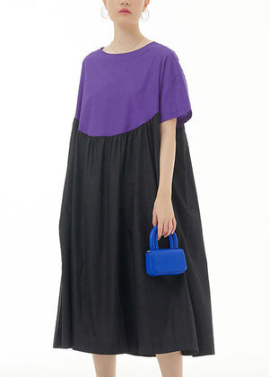 Momentlover Simple Purple O Neck Wrinkled Patchwork Cotton Dresses Summer LY1166