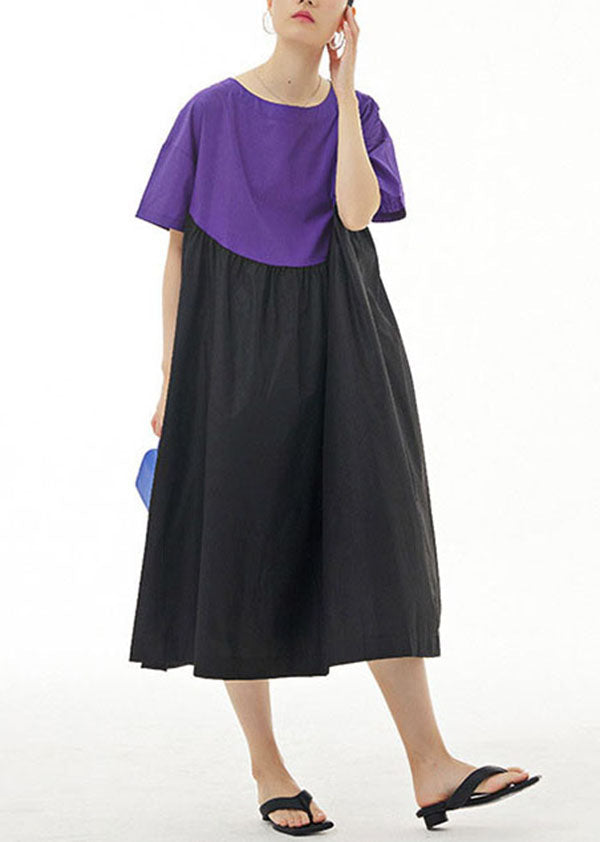 Momentlover Simple Purple O Neck Wrinkled Patchwork Cotton Dresses Summer LY1166