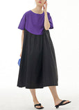Momentlover Simple Purple O Neck Wrinkled Patchwork Cotton Dresses Summer LY1166