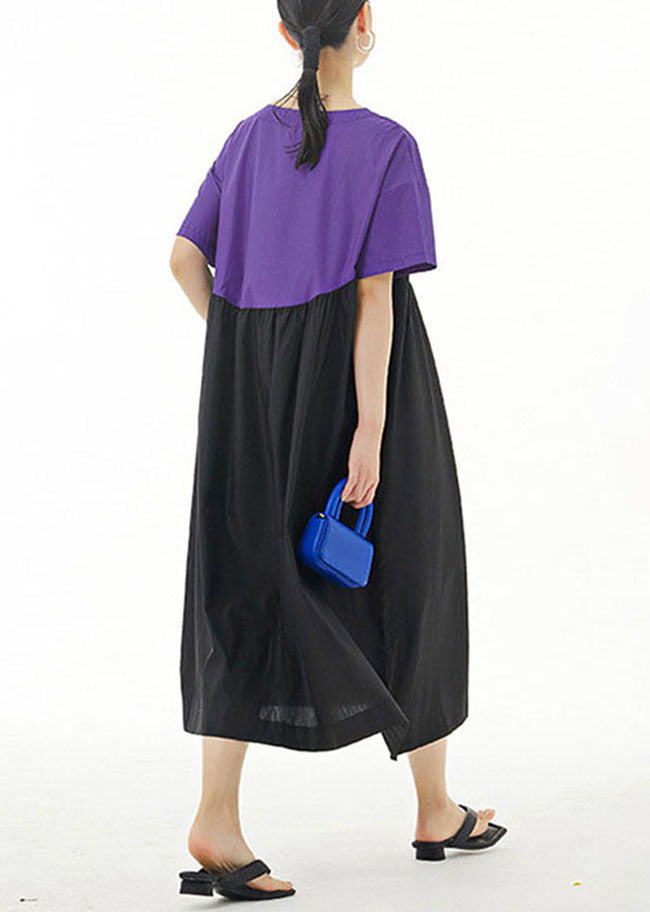 Momentlover Simple Purple O Neck Wrinkled Patchwork Cotton Dresses Summer LY1166