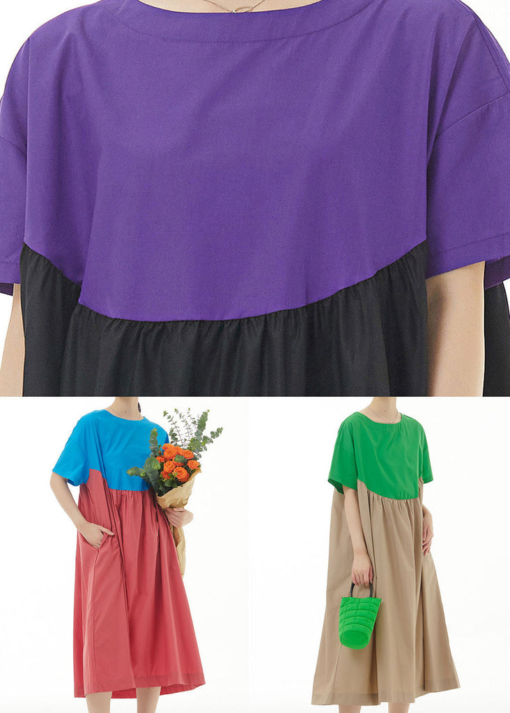 Momentlover Simple Purple O Neck Wrinkled Patchwork Cotton Dresses Summer LY1166