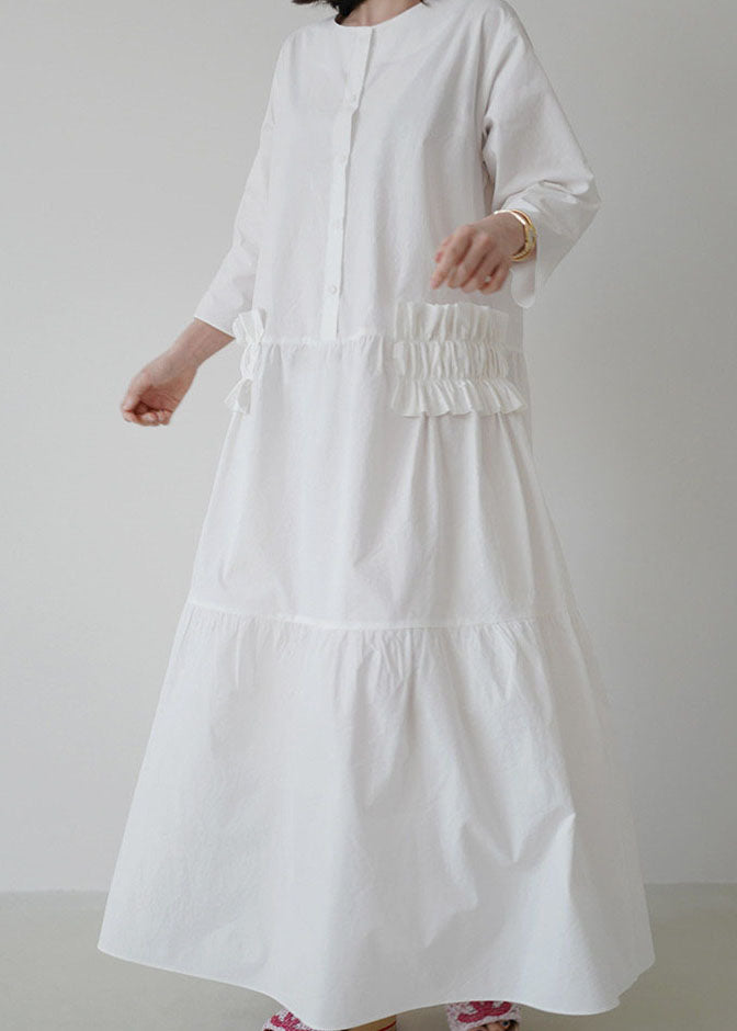 Momentlover Simple White O Neck Ruffled Patchwork Cotton Dresses Summer LY1744