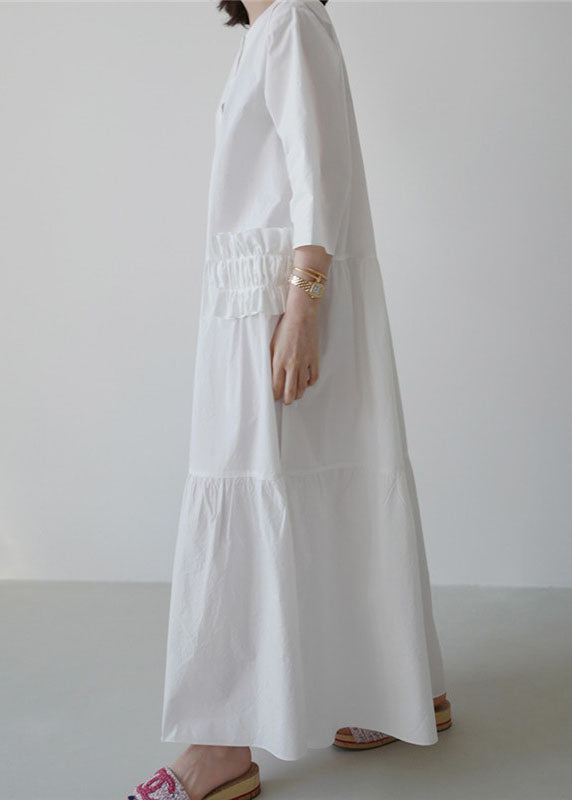 Momentlover Simple White O Neck Ruffled Patchwork Cotton Dresses Summer LY1744