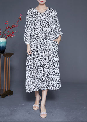 Momentlover Simple White V Neck Oversized Print Chiffon Long Dresses Spring LY1949