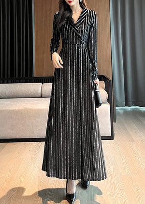 Momentlover Slim Fit Black Notched Striped Maxi Dresses Long Sleeve LY1717