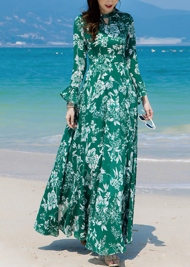 Momentlover Slim Fit Green Turtleneck Print Chiffon Long Beach A Line Dresses Spring LY1726