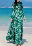 Momentlover Slim Fit Green Turtleneck Print Chiffon Long Beach A Line Dresses Spring LY1726