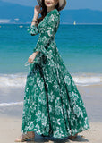Momentlover Slim Fit Green Turtleneck Print Chiffon Long Beach A Line Dresses Spring LY1726
