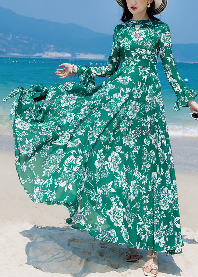 Momentlover Slim Fit Green Turtleneck Print Chiffon Long Beach A Line Dresses Spring LY1726