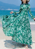 Momentlover Slim Fit Green Turtleneck Print Chiffon Long Beach A Line Dresses Spring LY1726